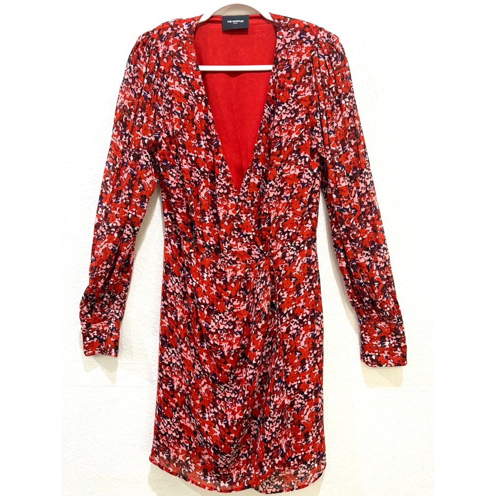 The Kooples Mini Floral Dress Red Medium V-Neck Long Sleeve Button Cuff Feminine - Picture 2 of 11